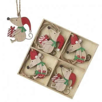 Christmas Decoration for hallway fun-Set of festive mice Wooden Christmas Tree Decorations