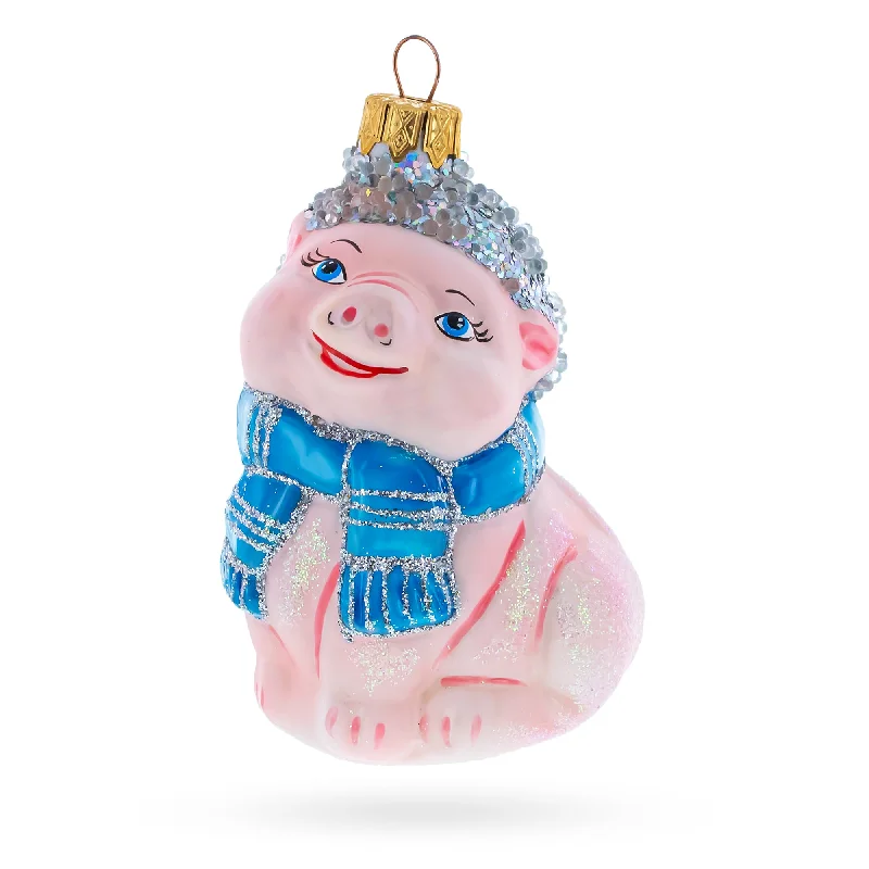 Christmas Decoration for TV specials-Happy Piglet with Blue Scarf Mini Glass Christmas Ornament