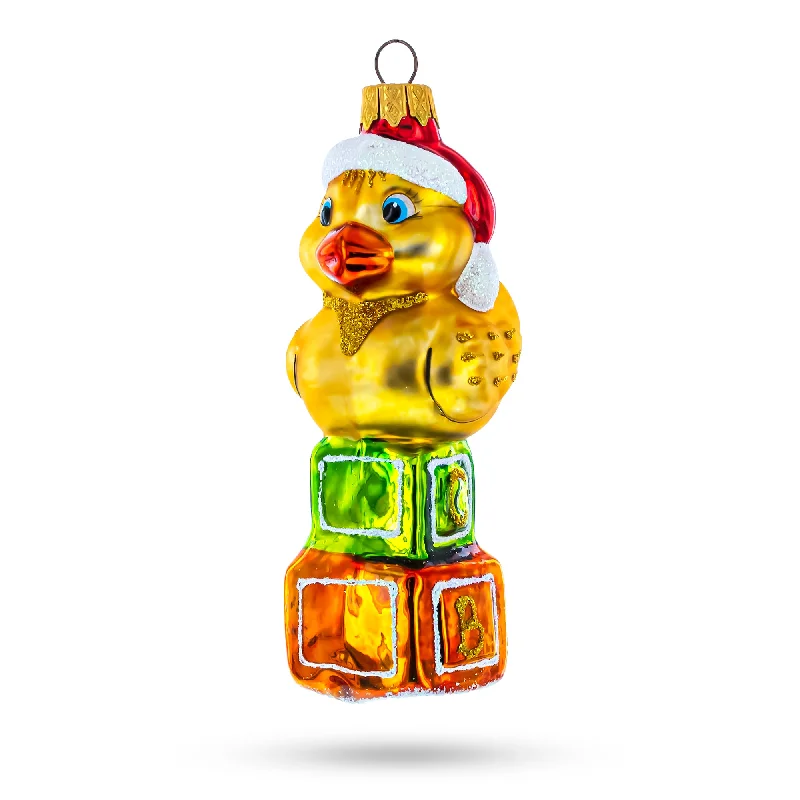 Christmas Decoration for eco-friendly homes-Yellow Duck on Letter Blocks Mini Glass Christmas Ornament